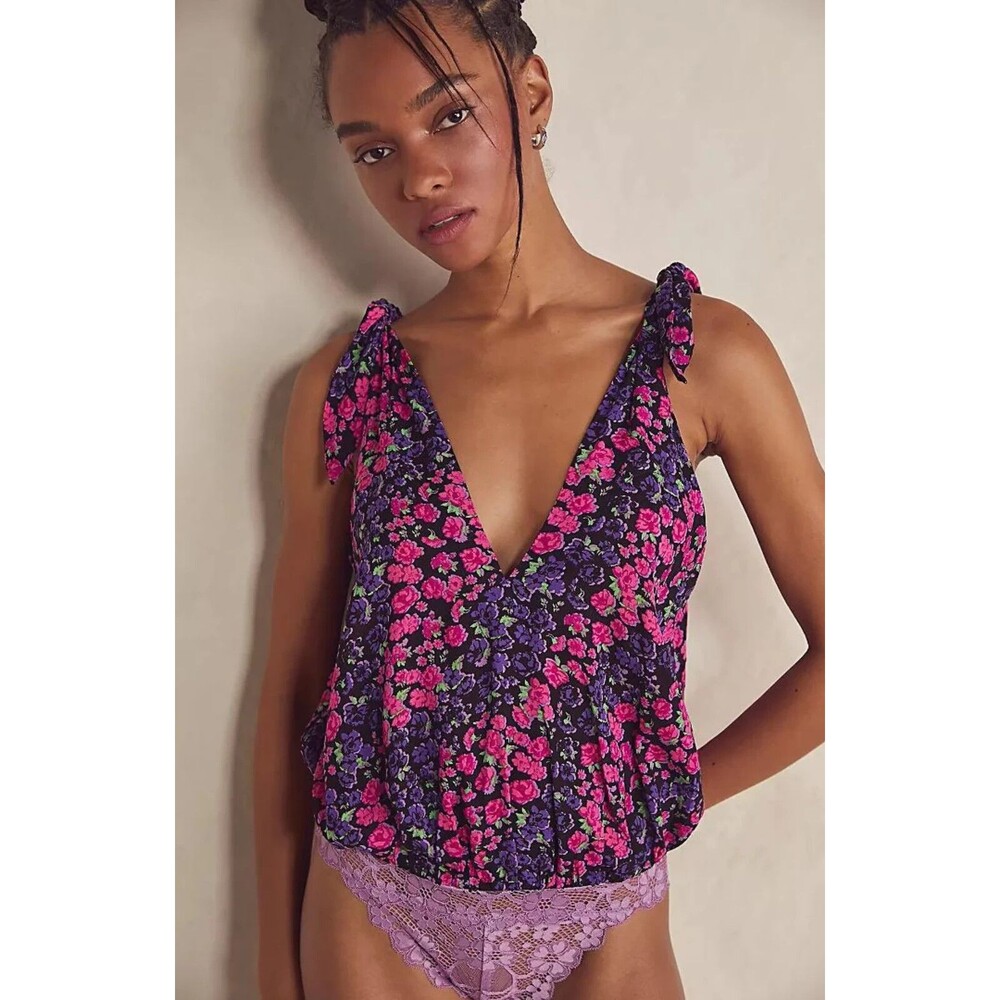 Free People Bare It All Bodysuit S Floral Lace Thong Purple Pink Tank Top Boho